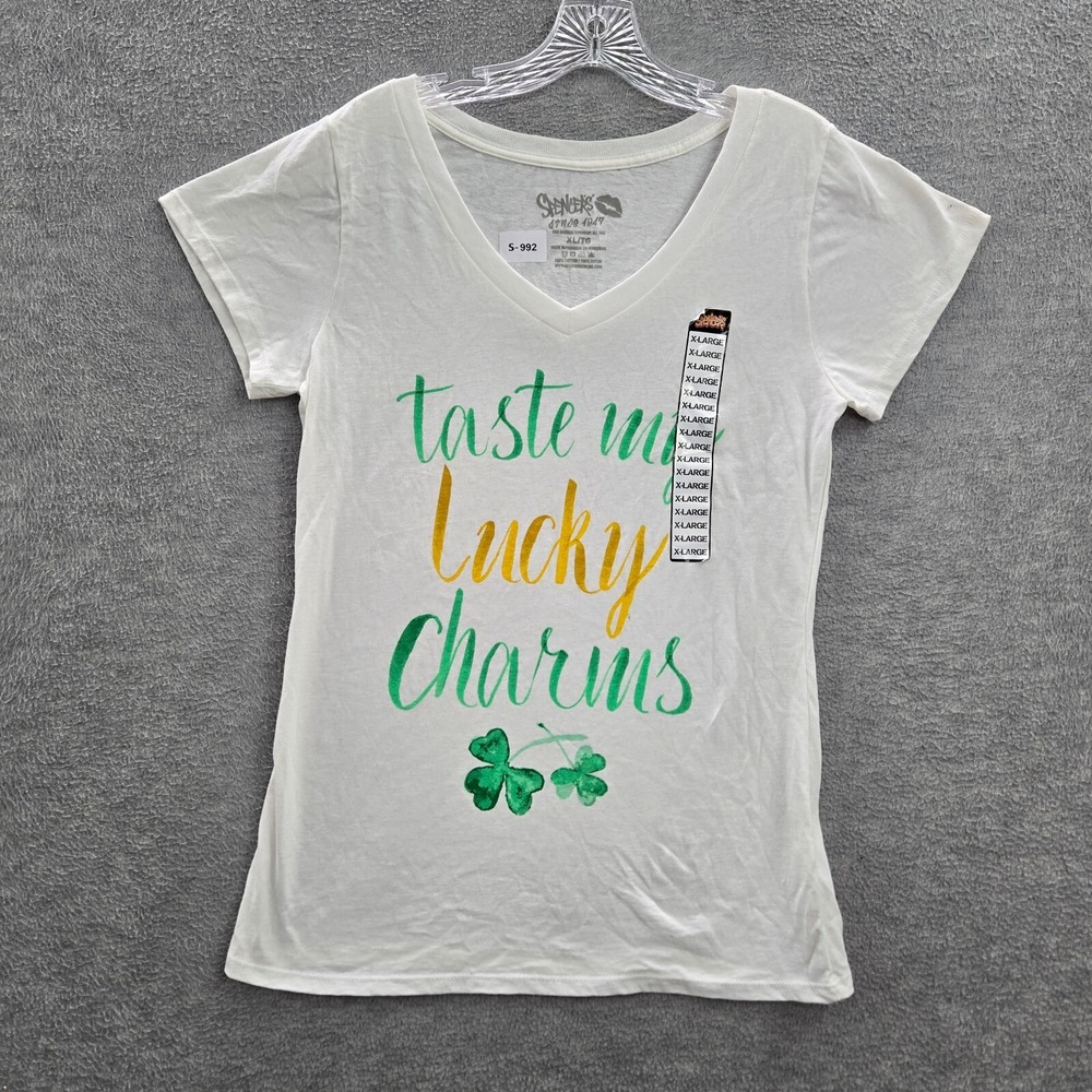 Spencers Women Top XL White Shirt Taste My Lucky Charms V Neck Short Sleeve NWT
